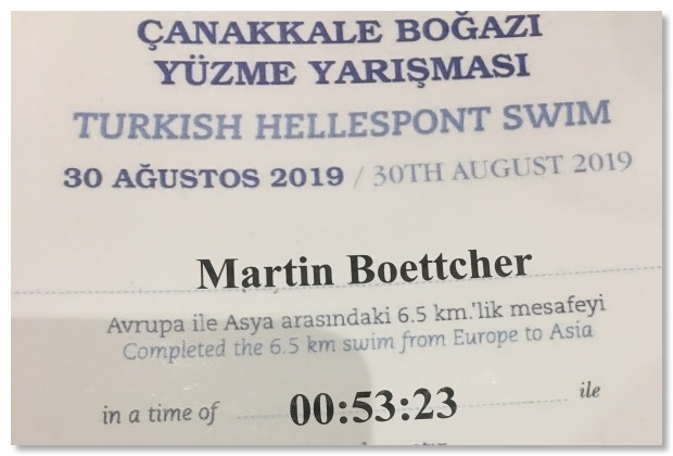 Urkunde für das Dardanellen-Schwimmen 2019